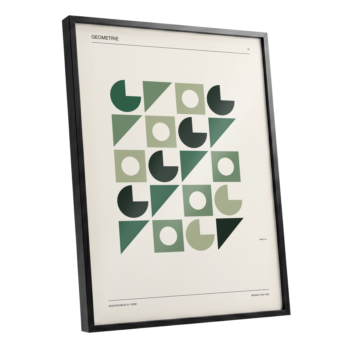 Weimar Geometry, green, beige, black minimalist wall art shown as a black framed poster wall art print