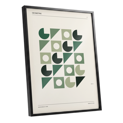 Weimar Geometry, green, beige, black minimalist wall art shown as a black framed poster wall art print