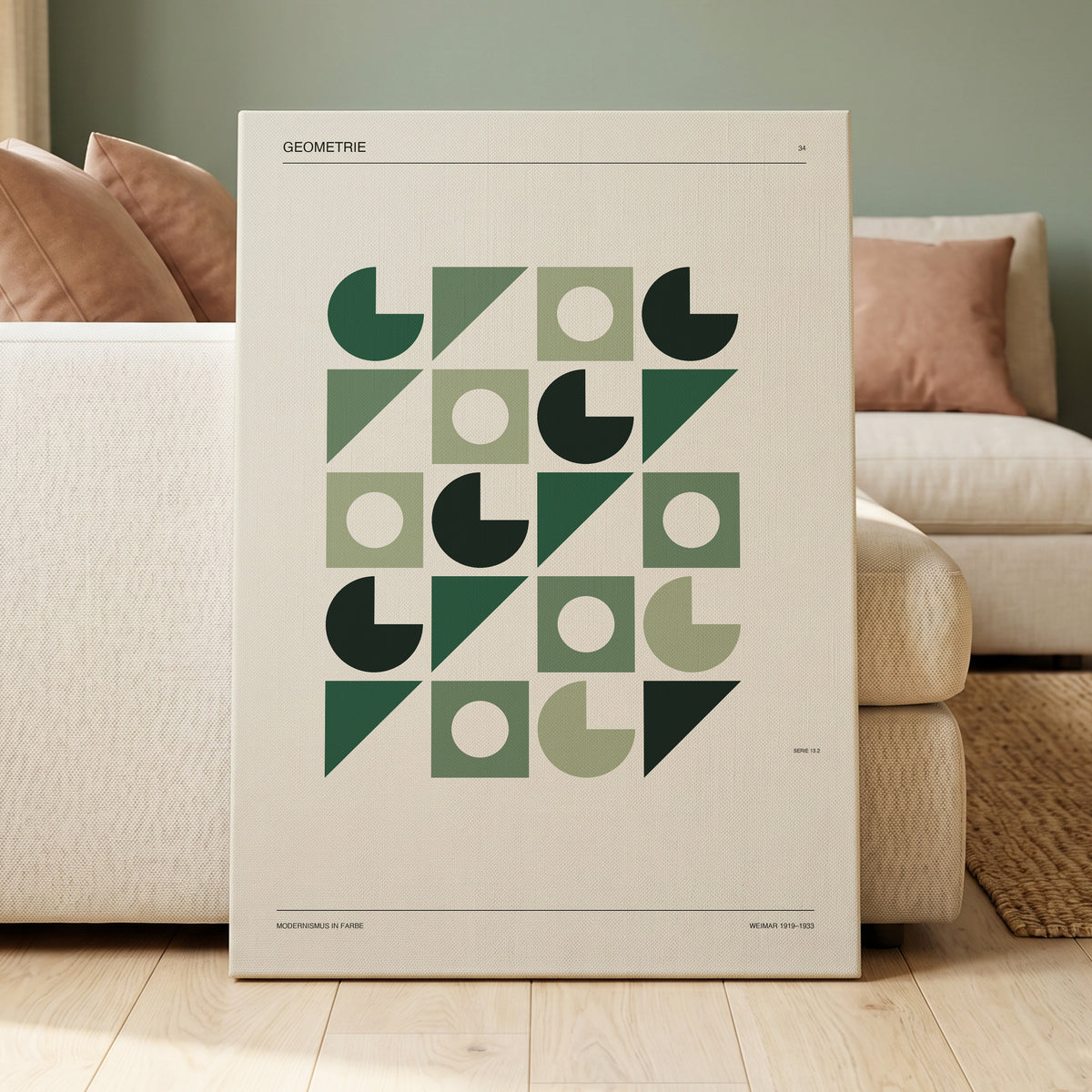 Weimar Geometry, green, beige, black minimalist wall art on canvas displayed in a styled interior, gallery view 1