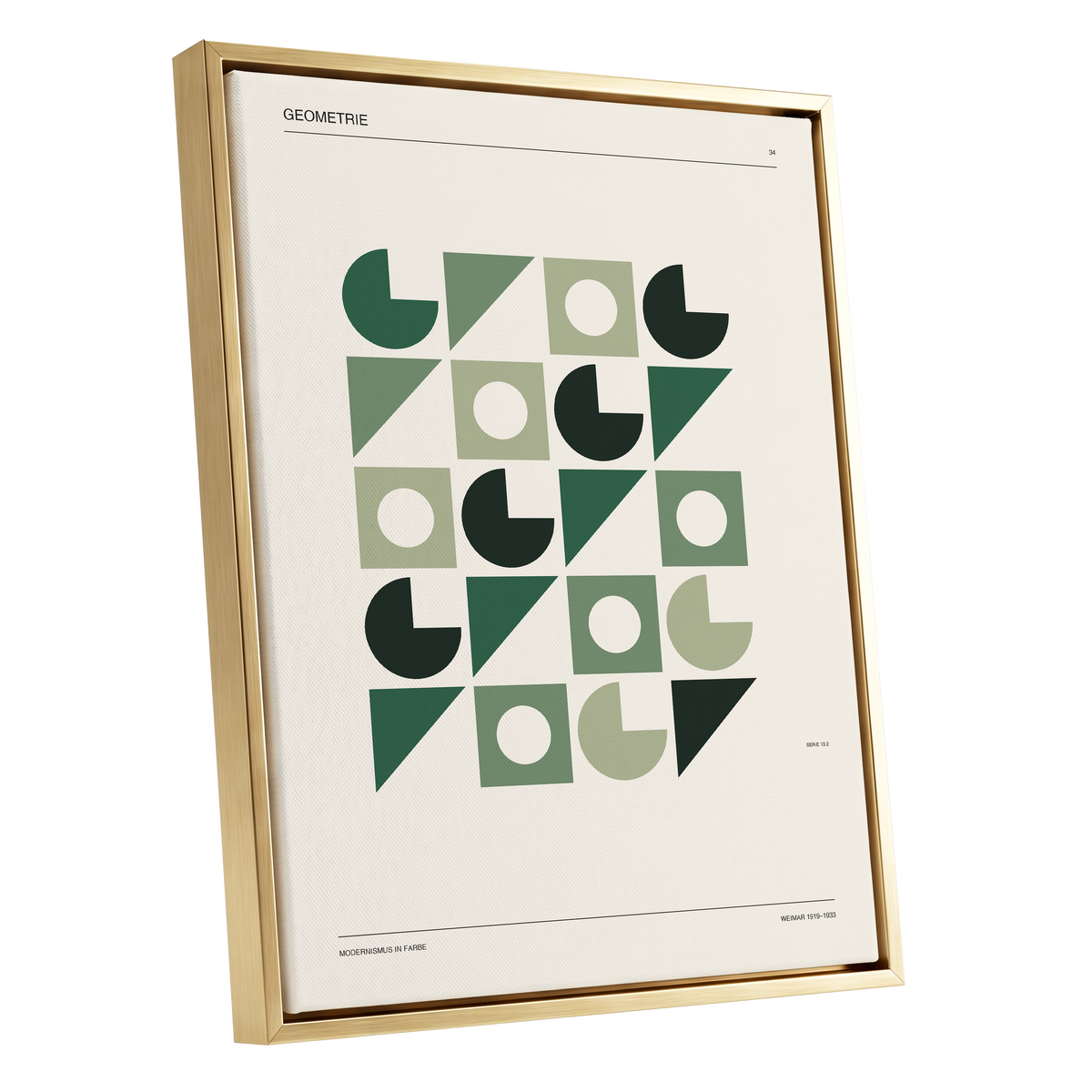 Weimar Geometry, green, beige, black minimalist wall art shown as a gold framed canvas wall art
