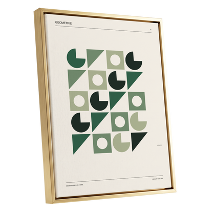 Weimar Geometry, green, beige, black minimalist wall art shown as a gold framed canvas wall art