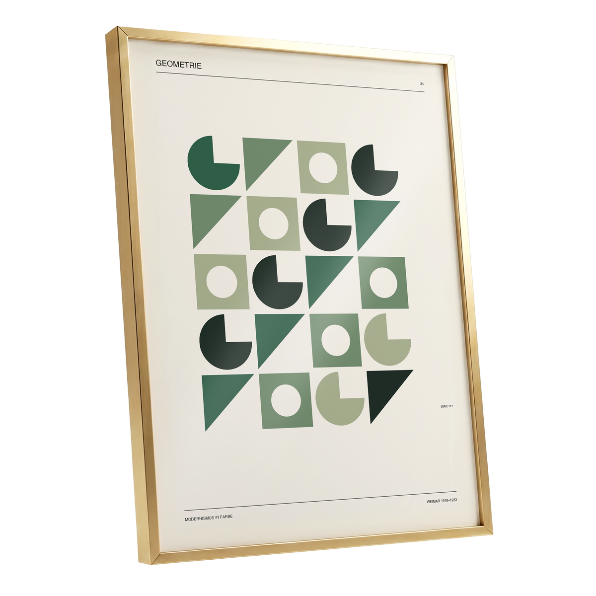 Weimar Geometry, green, beige, black minimalist wall art shown as a gold framed poster wall art print