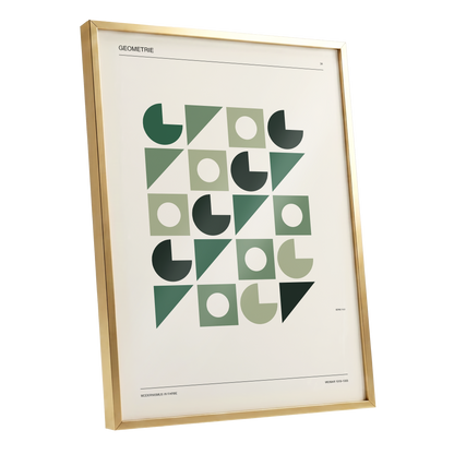 Weimar Geometry, green, beige, black minimalist wall art shown as a gold framed poster wall art print