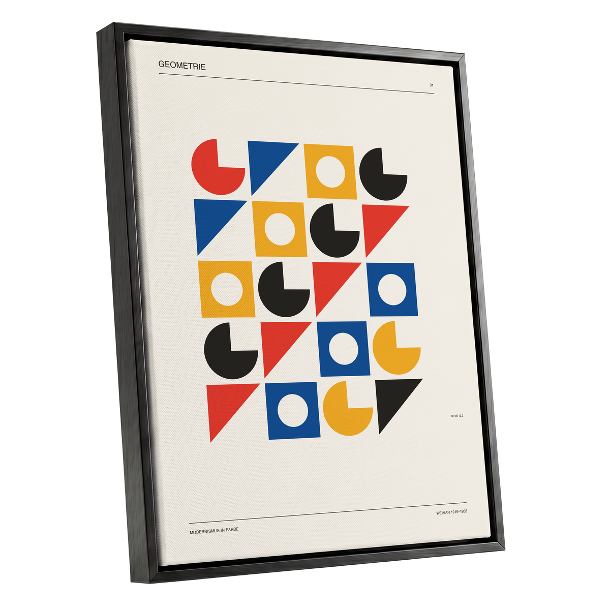 Weimar Geometry Grid, beige, black, gold abstract wall art shown as a black framed canvas wall art