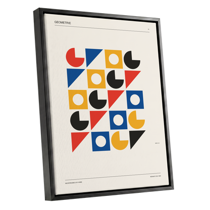 Weimar Geometry Grid, beige, black, gold abstract wall art shown as a black framed canvas wall art