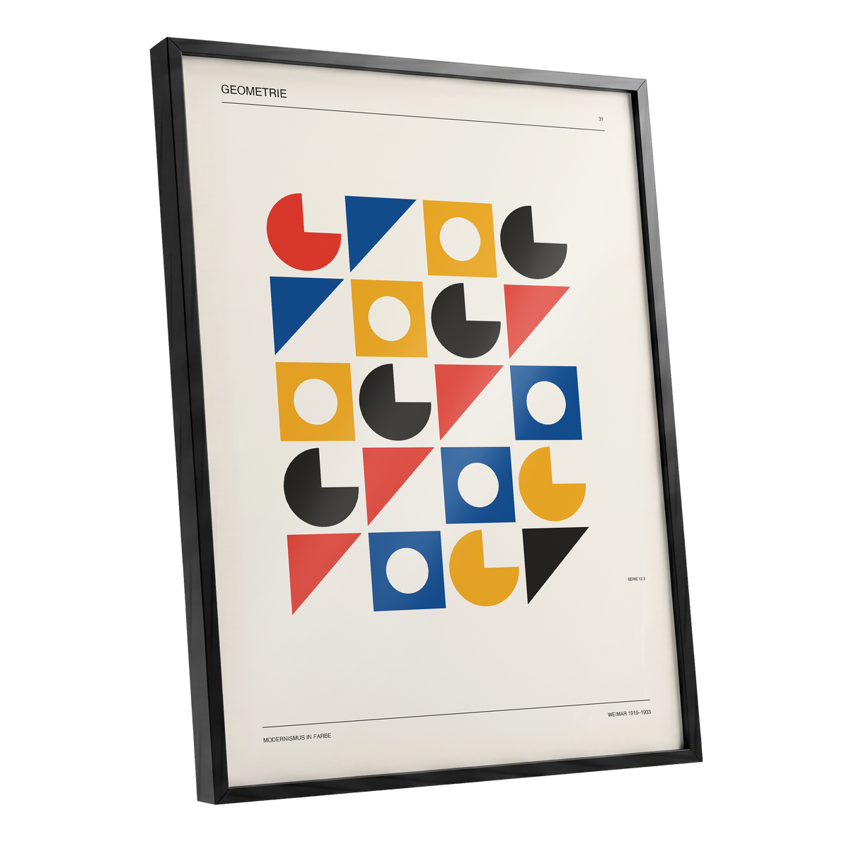 Weimar Geometry Grid, beige, black, gold abstract wall art shown as a black framed poster wall art print