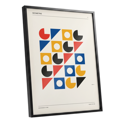 Weimar Geometry Grid, beige, black, gold abstract wall art shown as a black framed poster wall art print