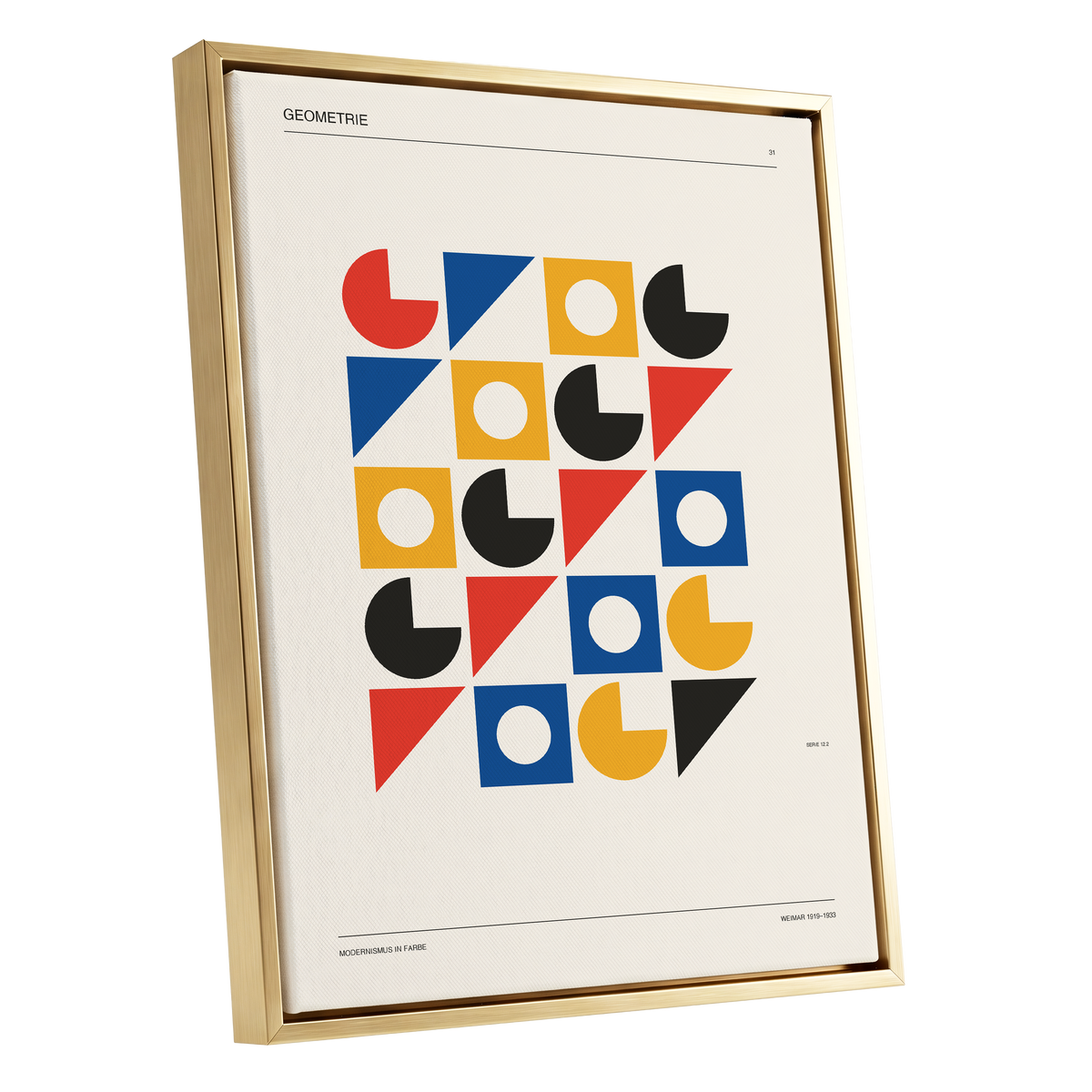 Weimar Geometry Grid, beige, black, gold abstract wall art shown as a gold framed canvas wall art