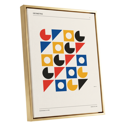 Weimar Geometry Grid, beige, black, gold abstract wall art shown as a gold framed canvas wall art