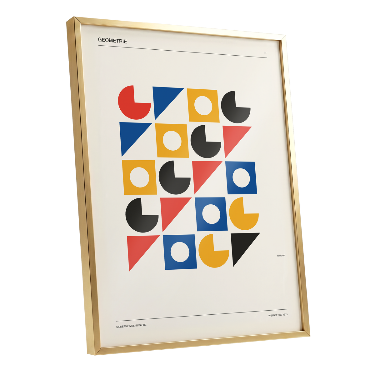 Weimar Geometry Grid, beige, black, gold abstract wall art shown as a gold framed poster wall art print