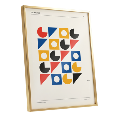 Weimar Geometry Grid, beige, black, gold abstract wall art shown as a gold framed poster wall art print