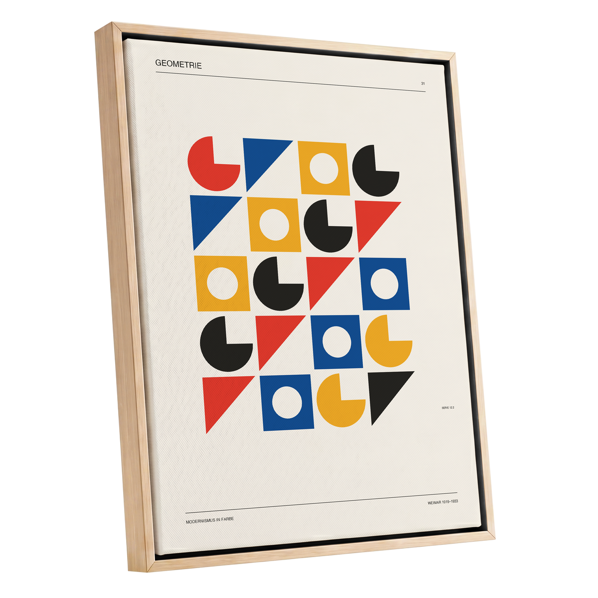 Weimar Geometry Grid, beige, black, gold abstract wall art shown as a oak framed canvas wall art