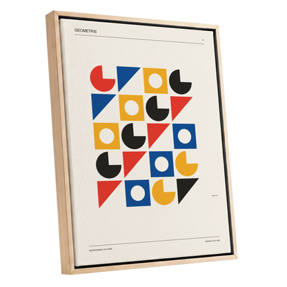 Weimar Geometry Grid, beige, black, gold abstract wall art shown as a oak framed canvas wall art