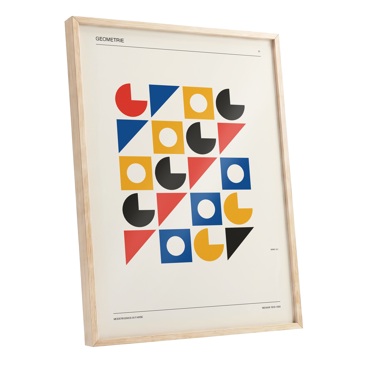Weimar Geometry Grid, beige, black, gold abstract wall art shown as a oak framed poster wall art print