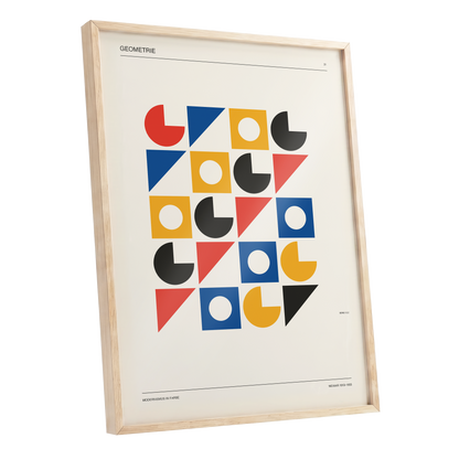 Weimar Geometry Grid, beige, black, gold abstract wall art shown as a oak framed poster wall art print
