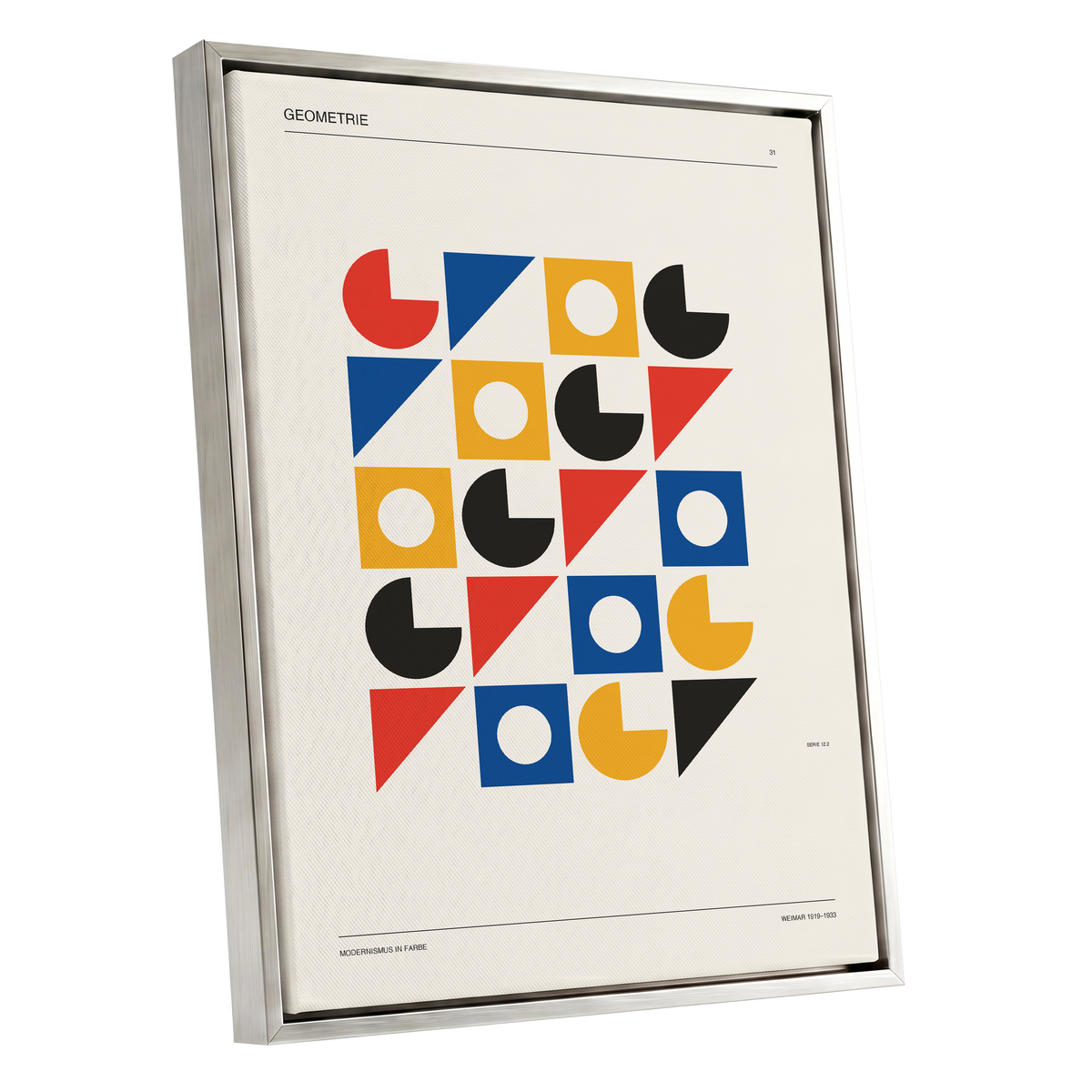 Weimar Geometry Grid, beige, black, gold abstract wall art shown as a silver framed canvas wall art