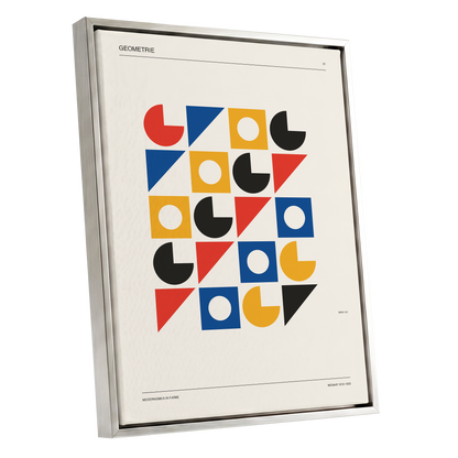 Weimar Geometry Grid, beige, black, gold abstract wall art shown as a silver framed canvas wall art