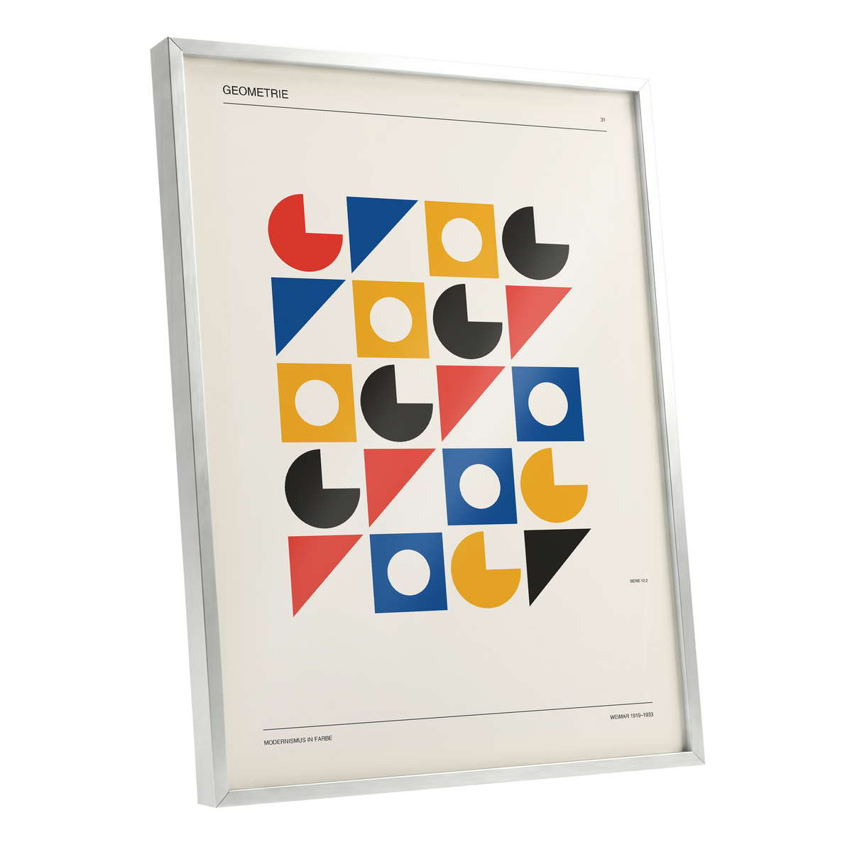 Weimar Geometry Grid, beige, black, gold abstract wall art shown as a silver framed poster wall art print