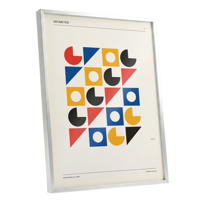 Weimar Geometry Grid, beige, black, gold abstract wall art shown as a silver framed poster wall art print