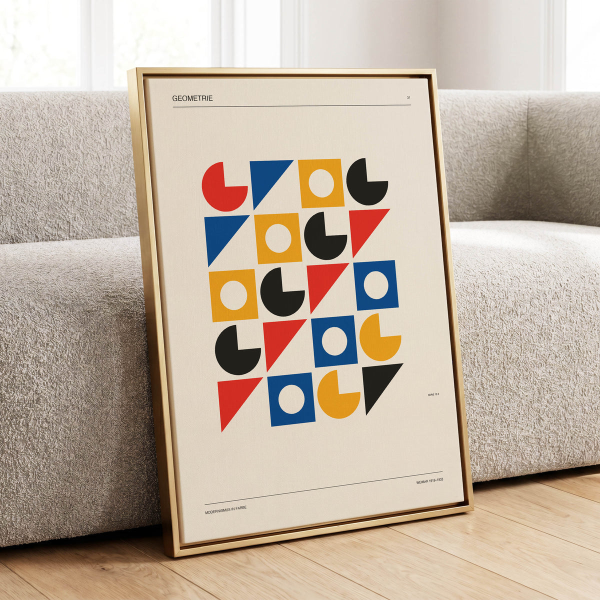 Weimar Geometry Grid, beige, black, gold abstract wall art displayed in a styled interior, gallery view 1