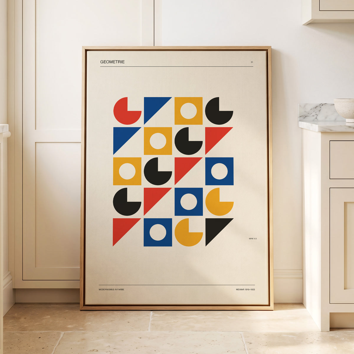 Weimar Geometry Grid, beige, black, gold abstract wall art displayed in a styled interior, gallery view 2