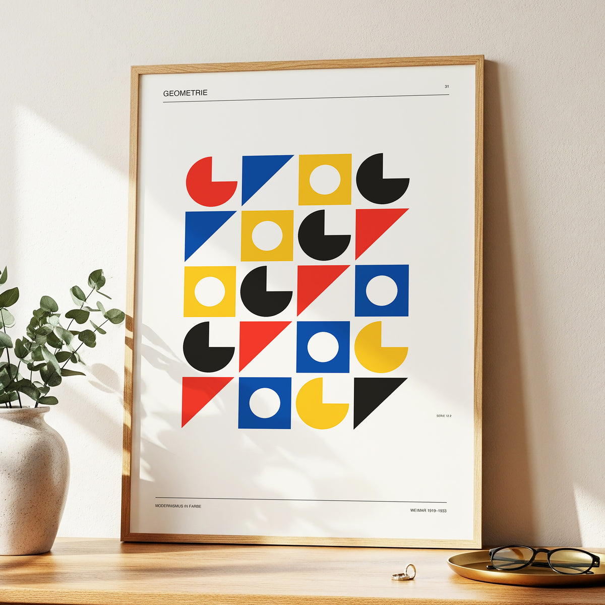 Weimar Geometry Grid, beige, black, gold abstract wall art displayed in a styled interior, gallery view 3
