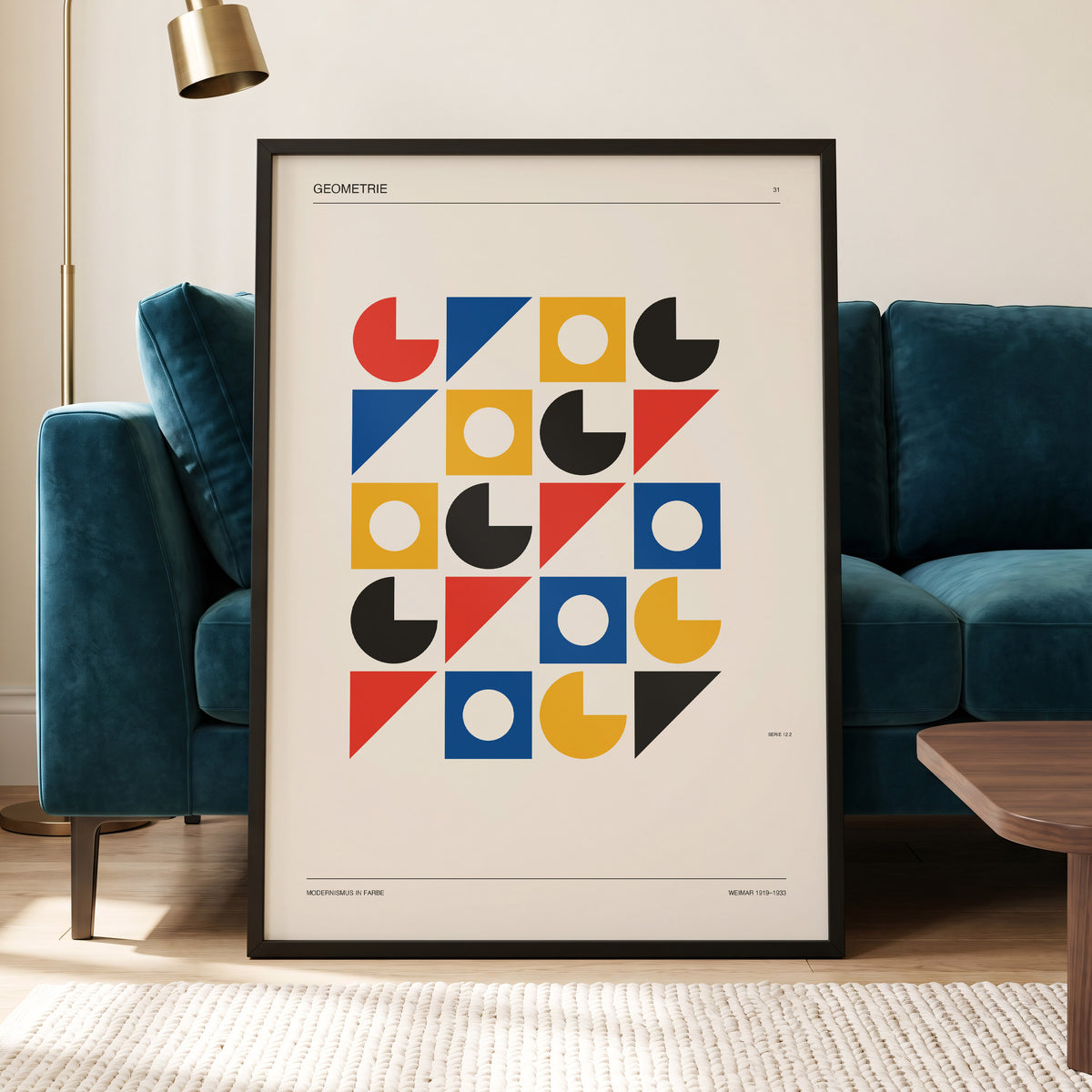 Weimar Geometry Grid, beige, black, gold abstract wall art displayed in a styled interior, gallery view 5
