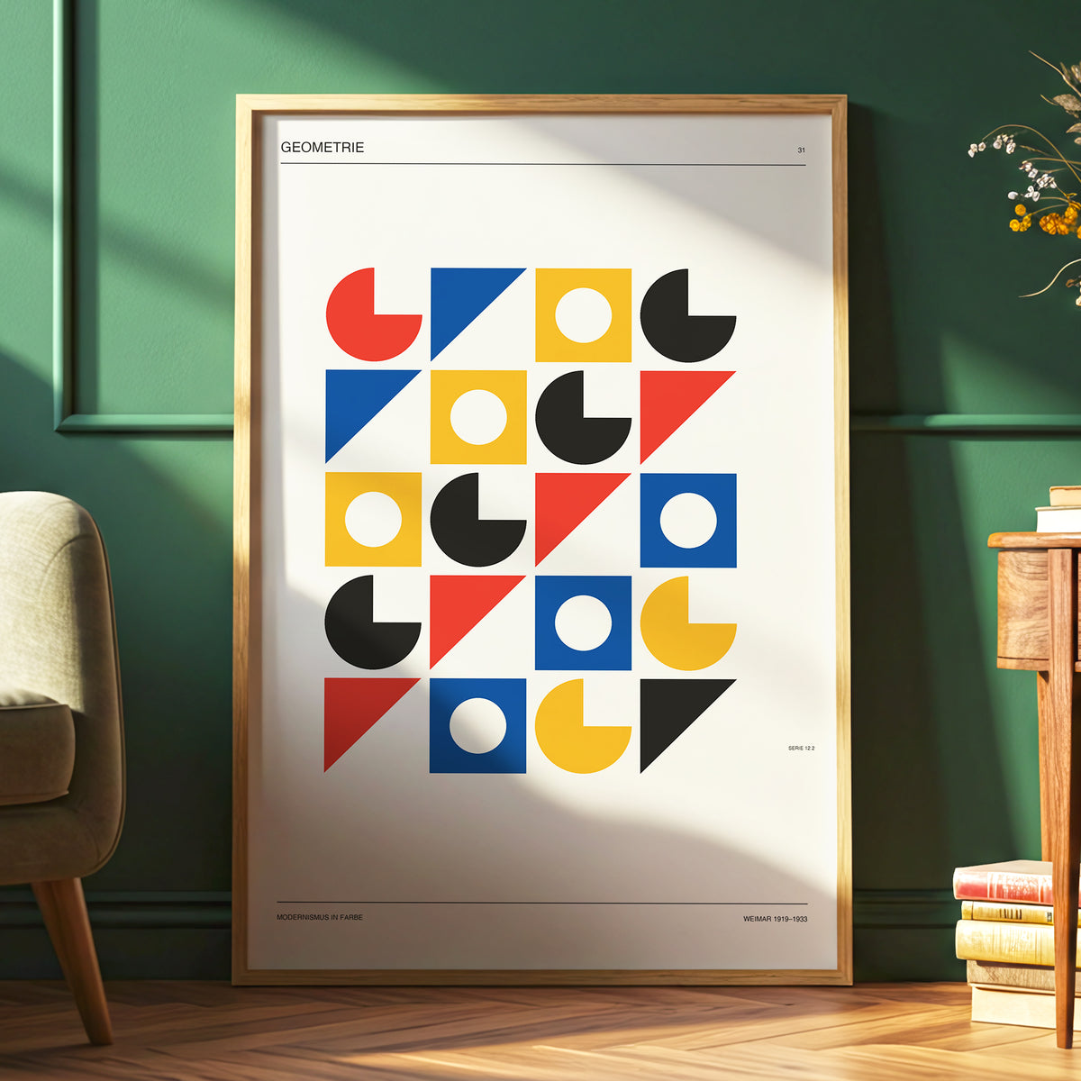 Weimar Geometry Grid, beige, black, gold abstract wall art displayed in a styled interior, gallery view 6