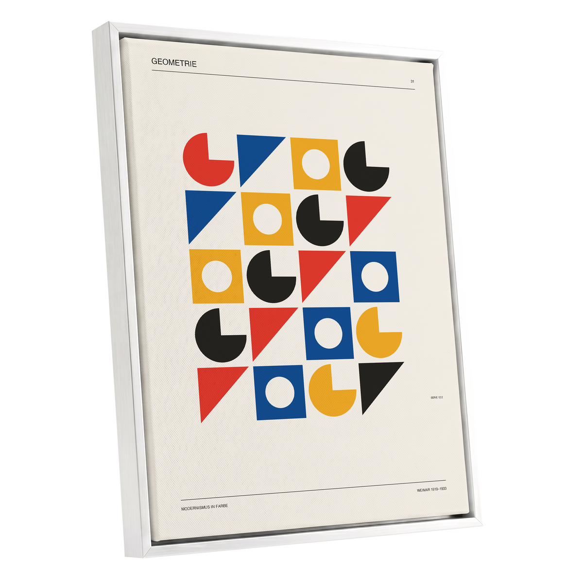 Weimar Geometry Grid, beige, black, gold abstract wall art shown as a white framed canvas wall art