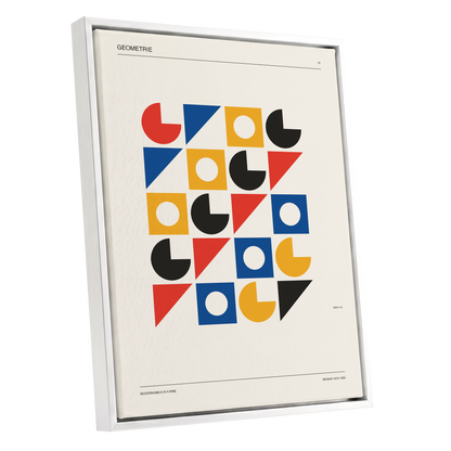 Weimar Geometry Grid, beige, black, gold abstract wall art shown as a white framed canvas wall art