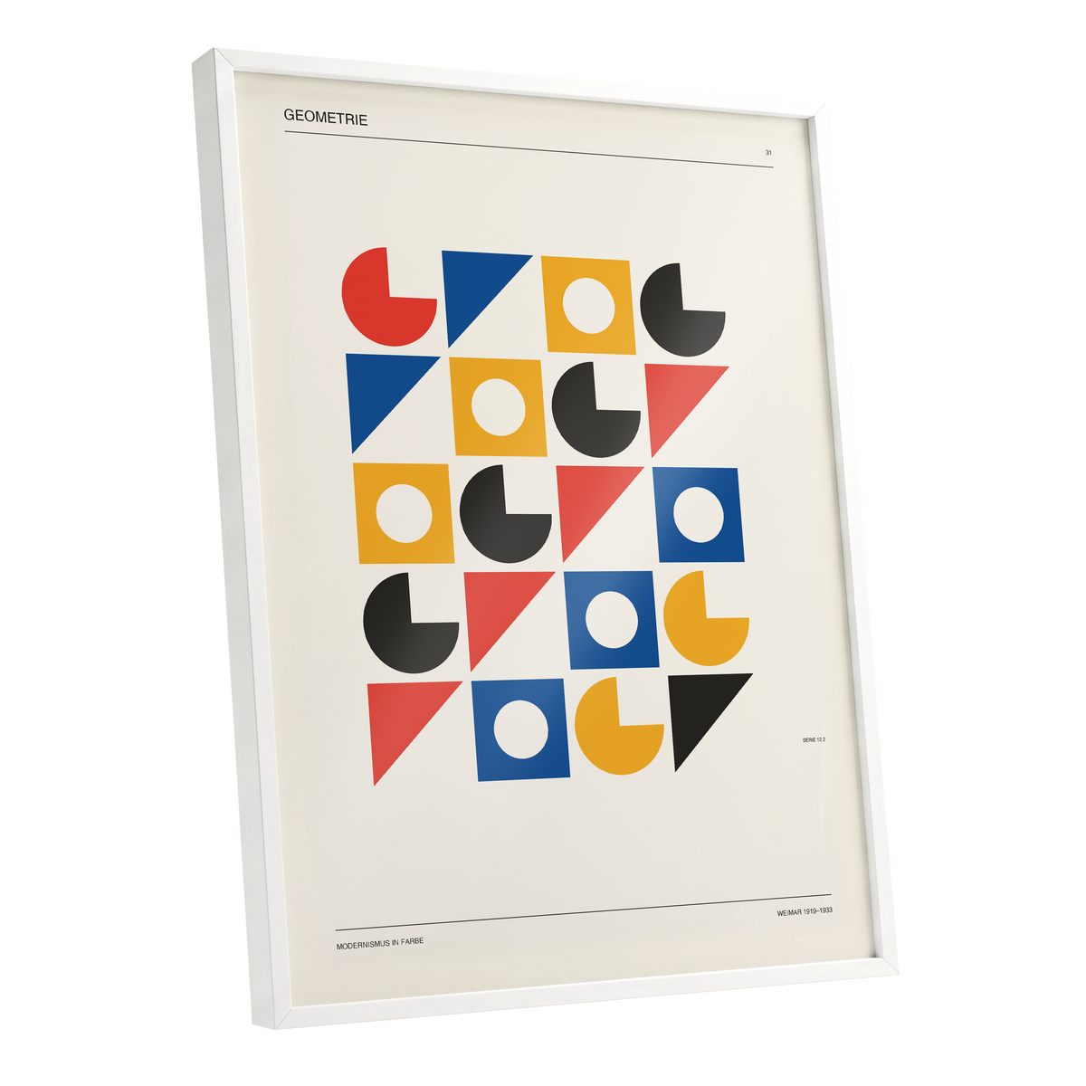 Weimar Geometry Grid, beige, black, gold abstract wall art shown as a white framed poster wall art print