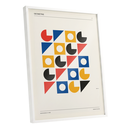 Weimar Geometry Grid, beige, black, gold abstract wall art shown as a white framed poster wall art print