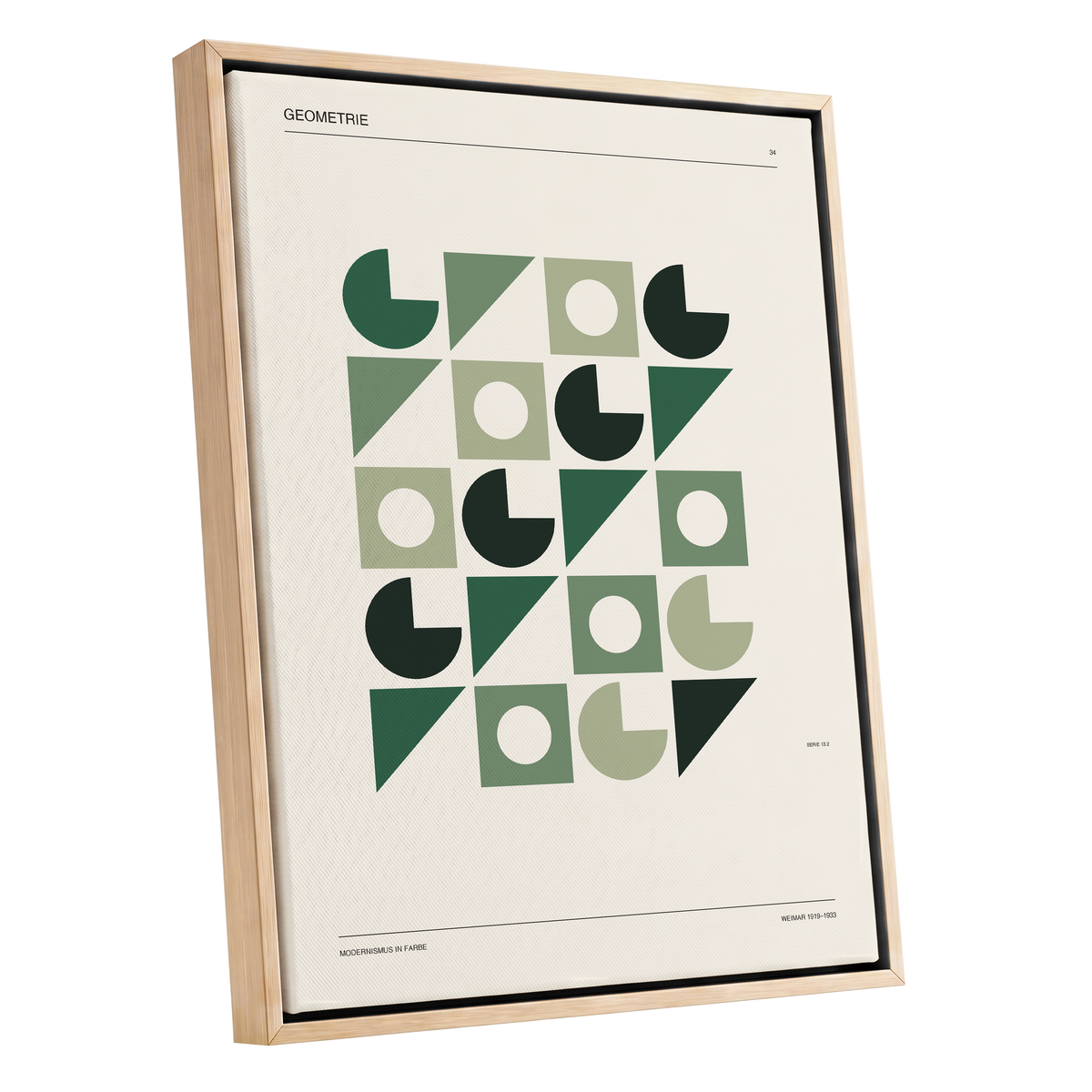 Weimar Geometry, green, beige, black minimalist wall art shown as a oak framed canvas wall art