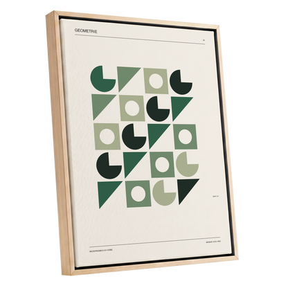 Weimar Geometry, green, beige, black minimalist wall art shown as a oak framed canvas wall art