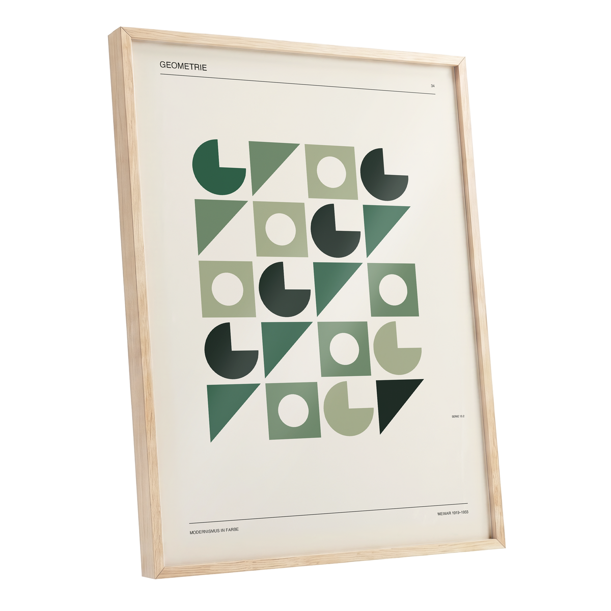 Weimar Geometry, green, beige, black minimalist wall art shown as a oak framed poster wall art print