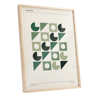 Weimar Geometry, green, beige, black minimalist wall art shown as a oak framed poster wall art print
