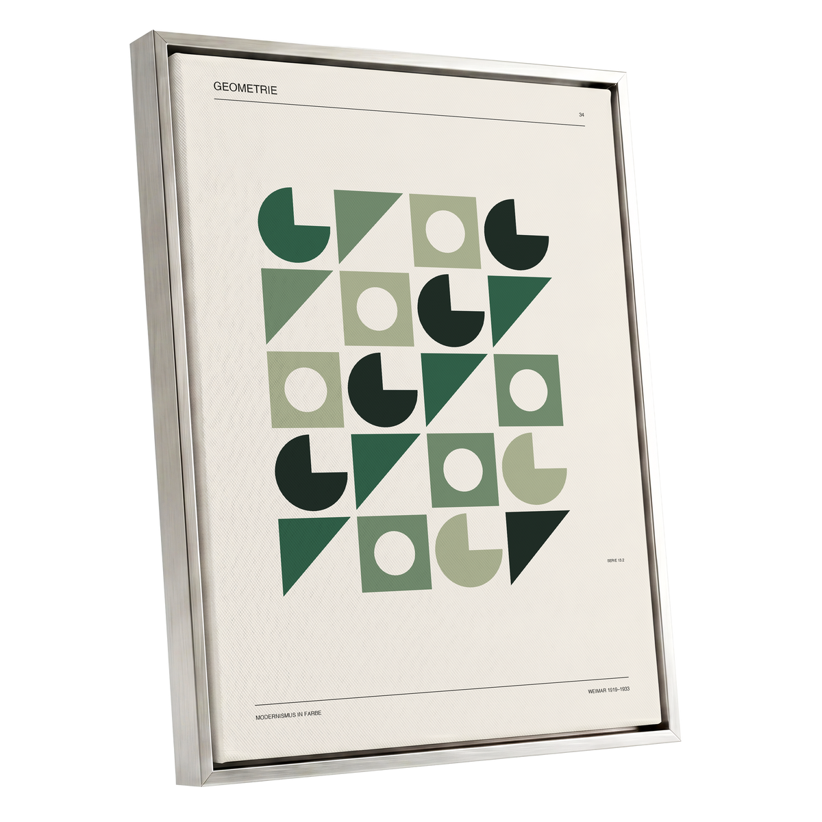 Weimar Geometry, green, beige, black minimalist wall art shown as a silver framed canvas wall art