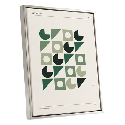 Weimar Geometry, green, beige, black minimalist wall art shown as a silver framed canvas wall art