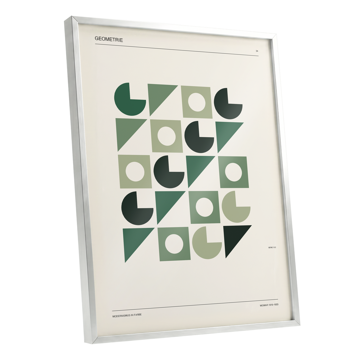 Weimar Geometry, green, beige, black minimalist wall art shown as a silver framed poster wall art print
