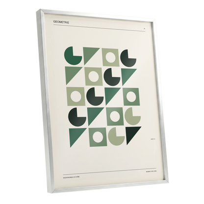 Weimar Geometry, green, beige, black minimalist wall art shown as a silver framed poster wall art print