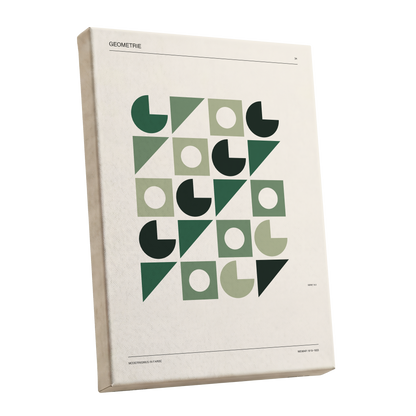 Weimar Geometry, green, beige, black minimalist wall art shown as a stretched canvas wall art