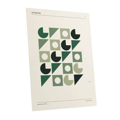 Weimar Geometry, green, beige, black minimalist wall art shown as a unframed poster wall art print