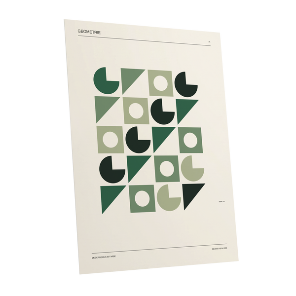Weimar Geometry, green, beige, black minimalist wall art shown as a unframed poster wall art print