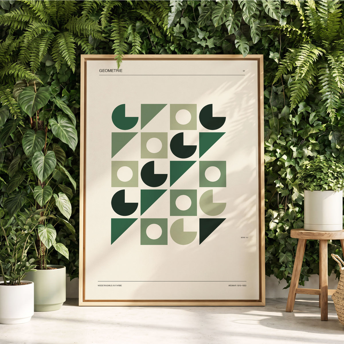 Weimar Geometry, green, beige, black minimalist wall art displayed in a styled interior, gallery view 1