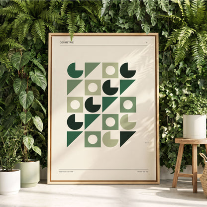 Weimar Geometry, green, beige, black minimalist wall art displayed in a styled interior, gallery view 1