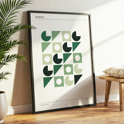 Weimar Geometry, green, beige, black minimalist wall art displayed in a styled interior, gallery view 2