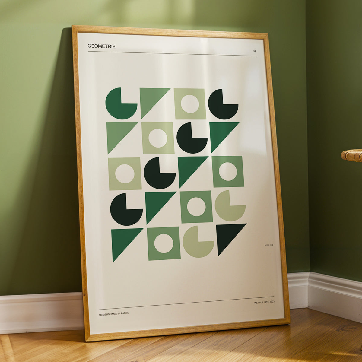 Weimar Geometry, green, beige, black minimalist wall art displayed in a styled interior, gallery view 3