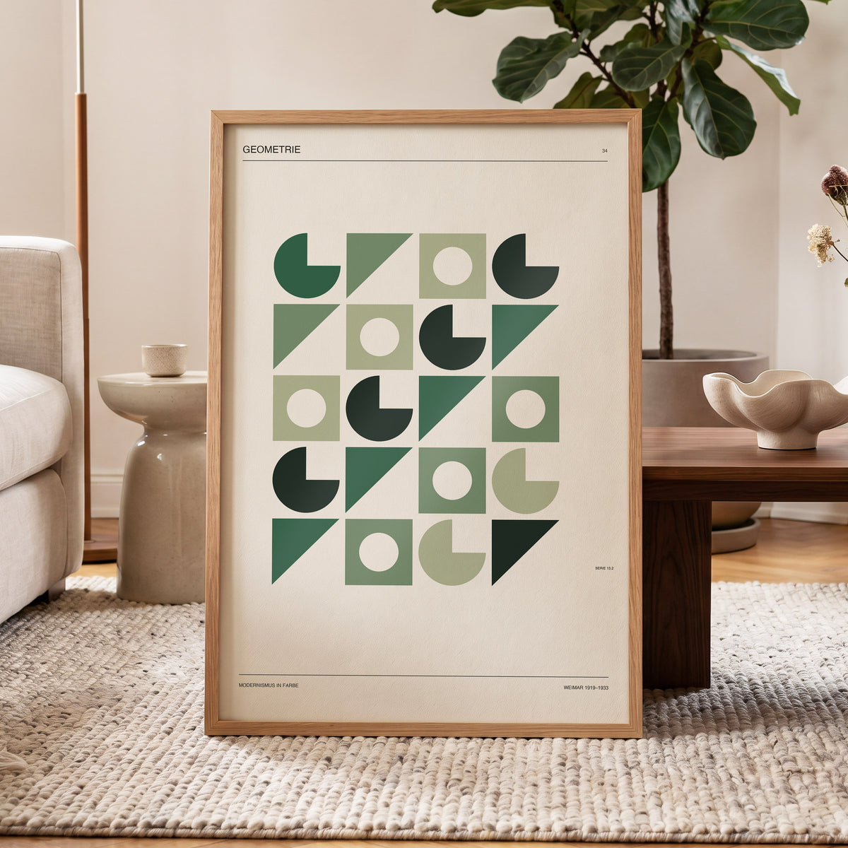 Weimar Geometry, green, beige, black minimalist wall art displayed in a styled interior, gallery view 5