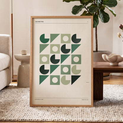 Weimar Geometry, green, beige, black minimalist wall art displayed in a styled interior, gallery view 5