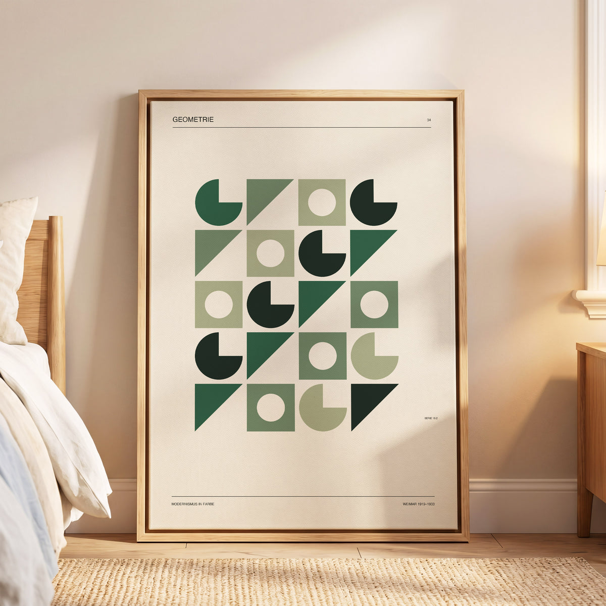 Weimar Geometry, green, beige, black minimalist wall art displayed in a styled interior, gallery view 6